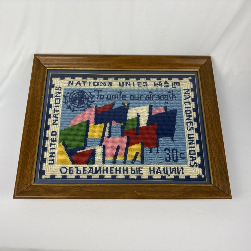 Vintage Framed Needlepoint United Nations Flags Handmade Wall Art 18x14.5